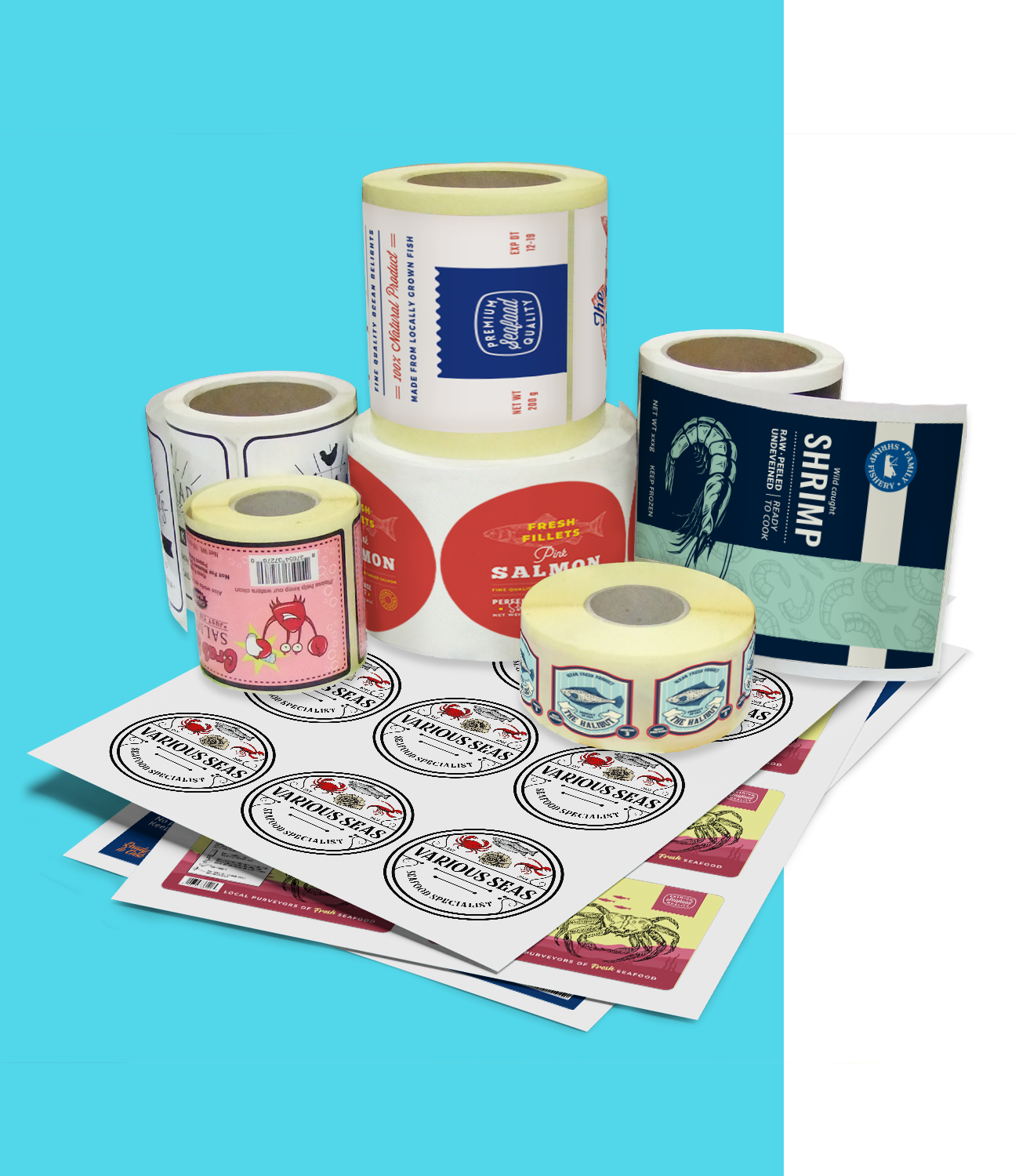 Labels on sheets and rolls, perfect for seafood labeling.